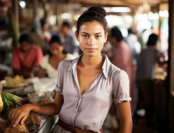 Mujer emprendedora en su puesto de trabajo en el mercado.